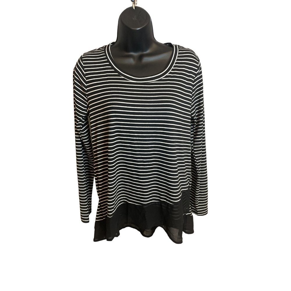 Threadz Horizontal Striped Black White Top with Sheer Hem Top